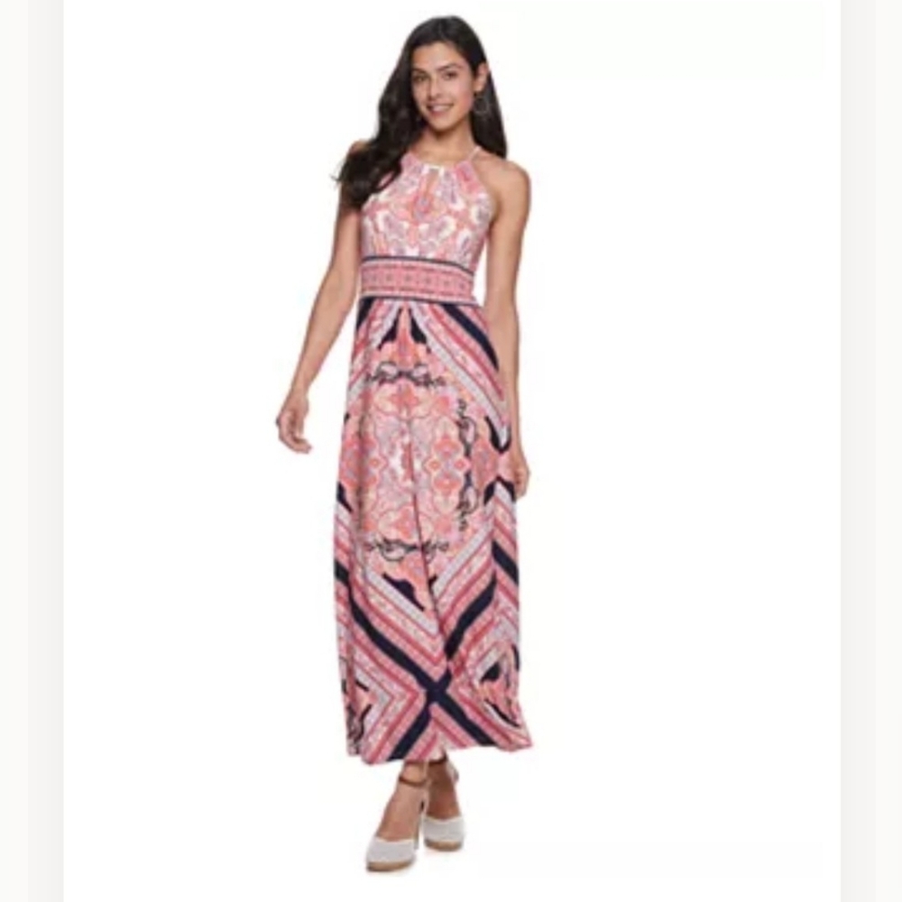 London Times Sweet Keyhole Highneck Maxi Coral Elegant Pink Paisley Dress 10 NWT